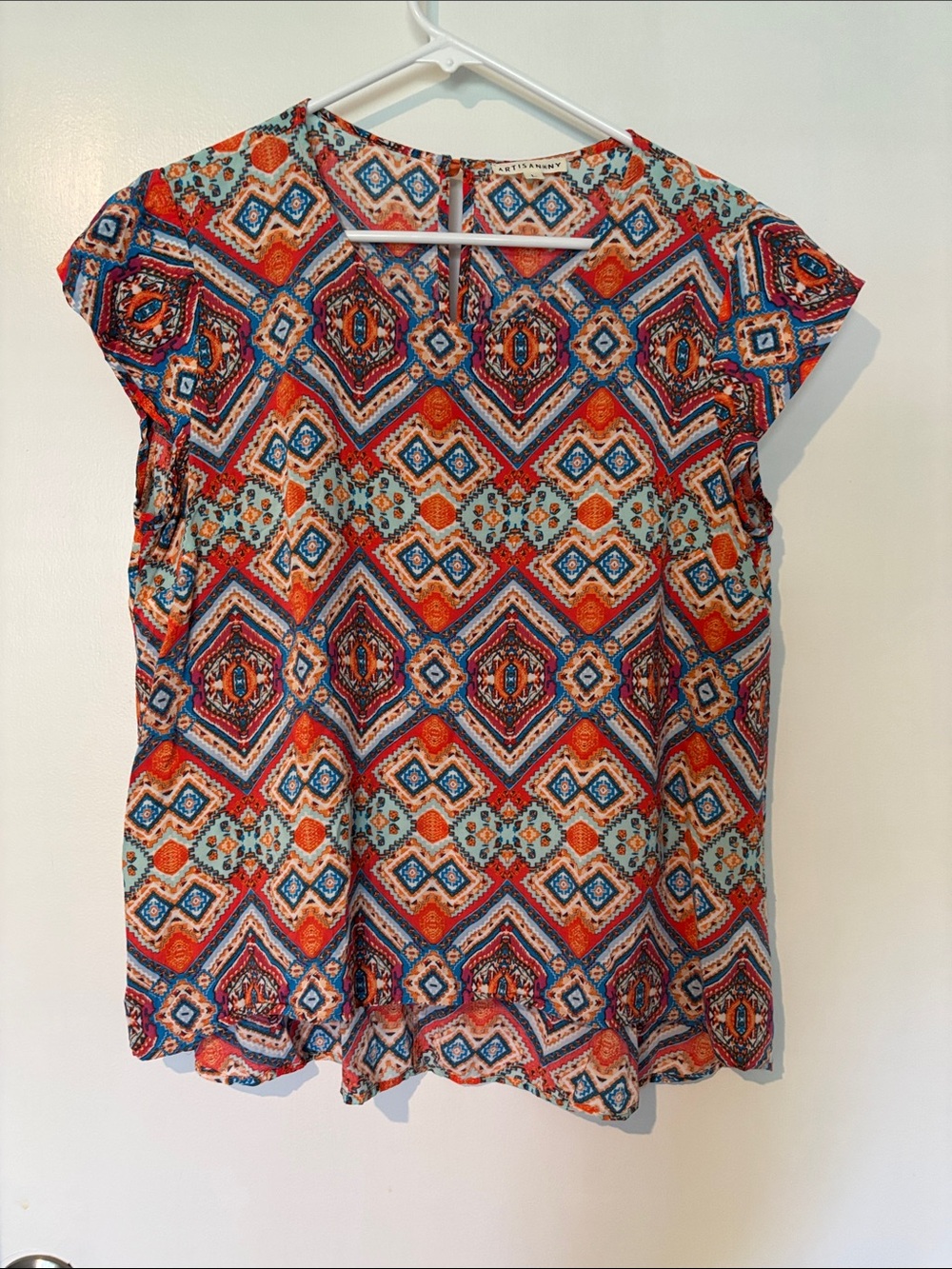 Artisan Orange, Blue & Cream Geometric Cap Sleeve Blouse